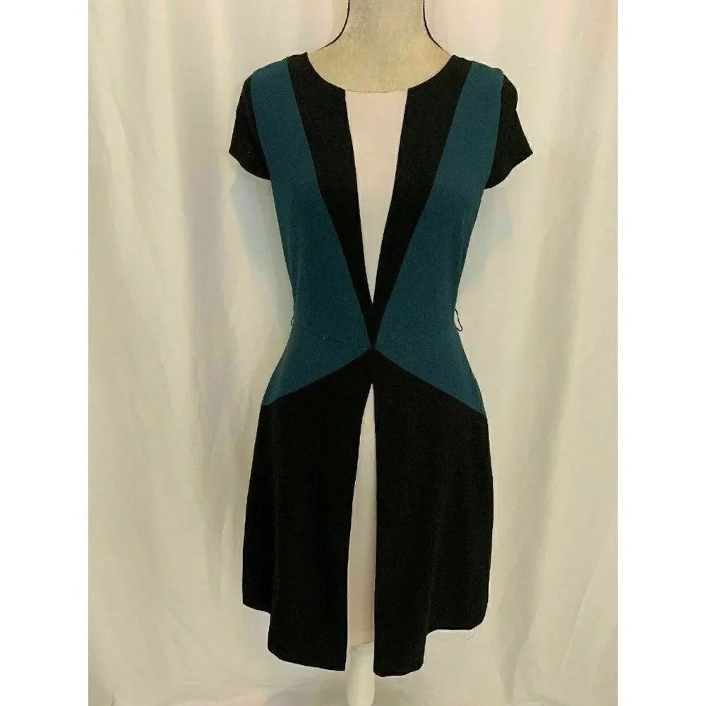 Zara Womens Black White Blue Crew Neck Short Sleeve Midi Dress Small